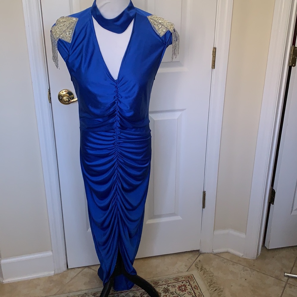 Vtg Sexy HOOKER PROSTITUTE Halloween COSTUME DRESS Blue w sequents, bead fringes